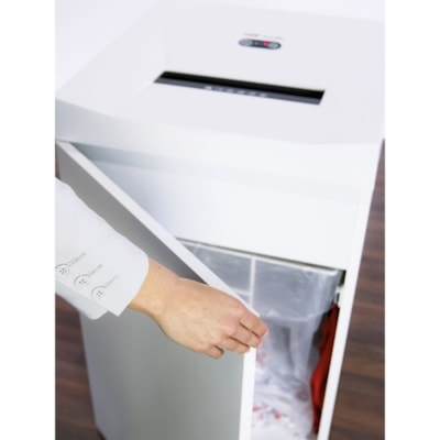 HSM TAA-compliant Cross-cut Shredder - Cross Cut - 7 Per Pass - for shredding Paper - 0" (0.79 mm) x 0.2" (4.76 mm) Shred Size - P-6 - 5.20 in/s (132.08 mm/s) - 10.5" (266.70 mm) Throat - 5 Minute Run Time - 30 Minute Cool Down Time - 93.50 L Wastebin Capacity - 670 W - White 5-7 SHEET CROSS-CUT SHREDDER 20 GALLON CAPACITY