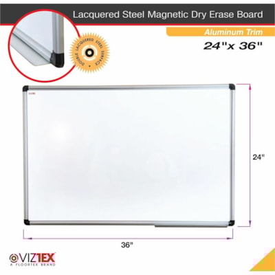 Viztex® Lacquered Steel Magnetic Dry Erase Board with an Aluminium Frame - 24" x 36" - 24" (609.60 mm) Width x 36" (914.40 mm) Height - White Lacquered Steel Surface - Aluminum Frame - Rectangle - Horizontal/Vertical - Magnetic - Magnetic, Scratch Resistant, Stain Resistant, Ghost Resistant  MAGNETIC LACQUERED STEEL ALUMINUM FRAME HIDES MOUNTS