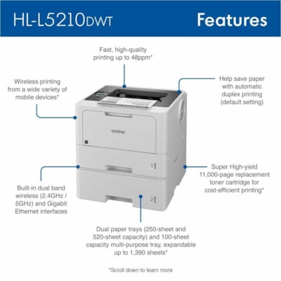 Brother HL-L5210DW Desktop Wireless Laser Printer - Monochrome - 48 ppm Mono - 1200 x 1200 dpi Print - Automatic Duplex Print - 870 Sheets Input - Ethernet - Wireless LAN - Brother iPrint&Scan, Wi-Fi Direct, Mopria, Brother Print Service Plugin, Apple AirPrint, Brother Mobile Connect - 90000 Pages D ER BUSINESS 