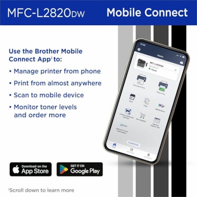 Brother MFC-L2820DW Wireless Laser Multifunction Printer - Monochrome - Gray - Copier/Fax/Printer/Scanner - 34 ppm Mono/7.9 ppm Color Print - 1200 x 1200 dpi Print - Automatic Duplex Print - Up to 35000 Pages Monthly - Monochrome Scanner - 1200 x 1200 dpi Optical Scan - Ethernet - Wireless LAN - App ER MULTIFUNCTION 