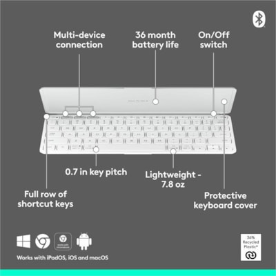 Logitech Keys-To-Go 2 Keyboard - Wireless Connectivity - Bluetooth - Volume Control, Screen Brightness, Media Player, Easy-Switch Hot Key(s) - iOS 17, macOS 14, iPadOS 17, Linux, Android 12, Windows 10, ChromeOS - iPad, iPhone, Apple TV, Notebook - Mac, PC - Scissors Keyswitch - Button Cell Battery   