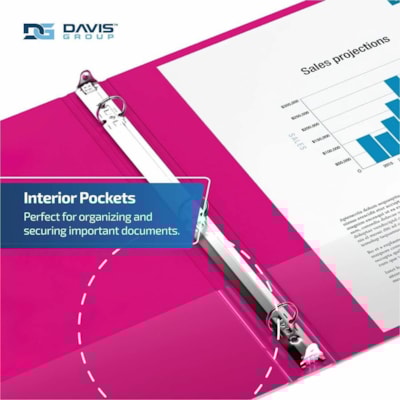 Davis Group - Reliure à anneaux 2311-43-06 - format lettre - format 8 1/2 po (215,90 mm) x 11 po (279,40 mm) - 200 Capacité en feuilles - 3 x 1 po (25,40 mm) Ring(s) - Fastener(s) : Anneau rond - Pocket(s) : 2, Interne - Polypropylène - Rose - 5,15 lb (2336 g) - Étiquette dos, San  