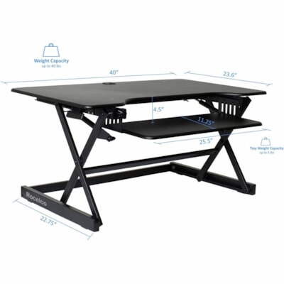 Rocelco 40"W-20"H Desk Riser-Mble stand-Dbl monitor-Anti fatigue mat - Black - 1 Unit ble stand-Dbl monitor-Anti fat igue mat