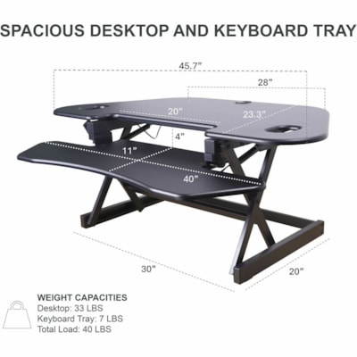 Rocelco 46"W-18"H Corner Adjustable Desk Riser - 40 lb (18143.69 g) Load Capacity - 18" (457.20 mm) Height x 46" (1168.40 mm) Width - Desk - Black - For Monitor, Notebook, Desktop - Ergonomic, Keyboard Tray, Grommet, Cable Management, Adjustable, Space Saving Design table Desk Riser 