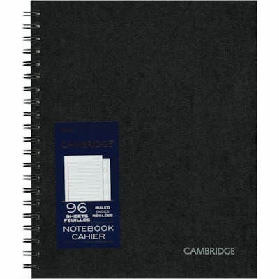 Cambridge Cambridge Limited Hardcover Business Notebook - 96 Sheets - Twin Wirebound - Ruled Front Ruling - 9 1/2" (241.30 mm) x 11" (279.40 mm) Sheet Size - 11" (279.40 mm) Height x 9.50" (241.30 mm) Width x 0.75" (19.05 mm) Depth - Black Cover - Hard Cover, Perforated, Heavyweight, Storage Pocket, 96 RULED SHEETS BLACK