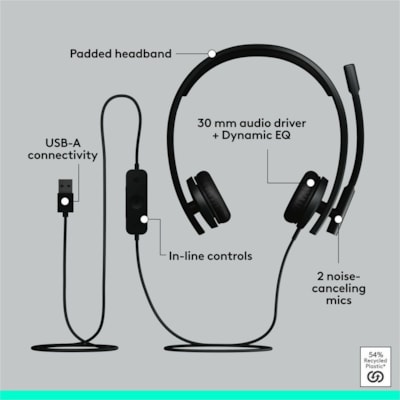 Logitech H570E Headset - Microsoft Teams Certification - Stereo - USB Type A - Wired - 20 Hz to 20 kHz - Over-the-head - Binaural - Supra-aural - 6.2 ft Cable - Noise Cancelling, Omni-directional, Uni-directional Microphone - Noise Canceling - Black  