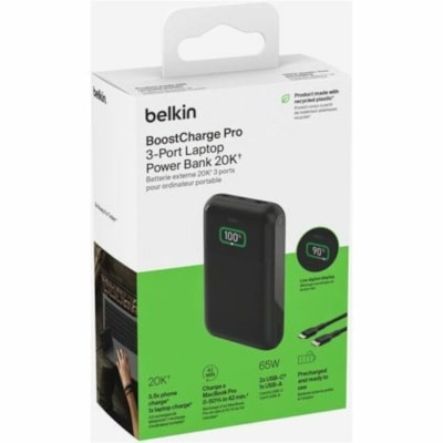 Belkin 65W 3-port USB Power Bank w/ Digital Display - 20K mAh - 2xUSB-C, 1xUSB-A - Portable Charger - w/ USB-C to USB-C Cable - Black - For Universal, Smartphone, Tablet PC, Notebook, iPad, iPad Pro, iPad mini, MacBook Air, MacBook Pro, iPhone, Nintendo Switch - 20000 mAh - 3 x USB - Black nk with Digital Display - 20K mAh - 2xUSB-C  1xUSB