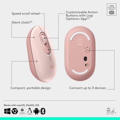 Logitech POP Mouse - Wireless - 32.81 ft (10000 mm) - Bluetooth - Rose - Scroll Wheel - 4 Button(s) - 1 x AA Battery Supported  