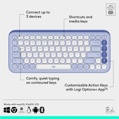 Logitech POP Icon Keys Keyboard - Wireless Connectivity - Bluetooth - 5.1 - 32.81 ft (10000 mm) - USB Interface - Easy-Switch, Power Switch Hot Key(s) - ChromeOS, Windows 10, Windows 11, Mac OS X 12.0 Monterey, Linux, Android 12, iOS 15, iPadOS 15 - PC, Mac - Recycled Plastic - AAA Battery Size Supp  WRLS 