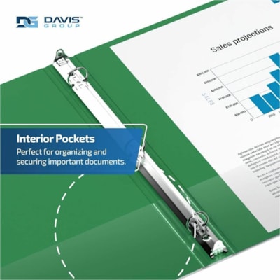 Davis - Reliure à anneaux Essential - format lettre - format 8 1/2 po (215,90 mm) x 11 po (279,40 mm) - 200 Capacité en feuilles - 3 x 1 po (25,40 mm) Ring(s) - Fastener(s) : Anneau rond - Pocket(s) : 2, À l'intérieur avant et arrière - Polypropylène - Vert - 5,15 lb  