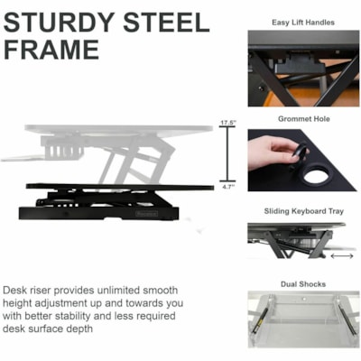 Rocelco Standing Desk Converter - 40 lb (18143.69 g) Load Capacity - 17.50" (444.50 mm) Height x 45" (1143 mm) Width x 23.50" (596.90 mm) Depth - Desk - Black - For Monitor, Keyboard, Notebook - Scratch Resistant Pad, Sturdy, Handle, Ergonomic, Retractable, Keyboard Tray, Grommet, Cable Management ser with EVR 