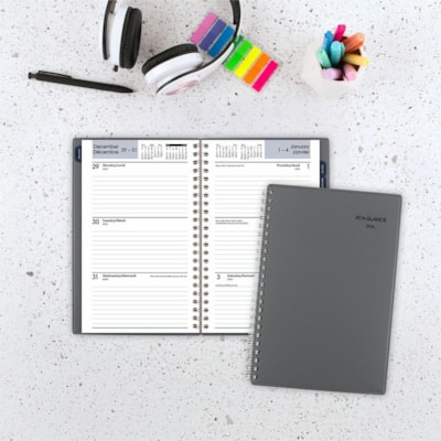 At-A-Glance 2026 Traditional Weekly/Monthly Planner - 8" H x 5" W - Grey - Bilingual - Weekly, Monthly - 12 Month - January 2026 to December 2026 - 1 Week, 1 Month Double Page Layout - 5" (127 mm) x 8" (203.20 mm) Sheet Size - Spiral Bound - Paper - Dark Gray Polypropylene, Poly Cover - Monthly Tab, 12 MONTHS (JANUARY-DECEMBER) BILINGUAL