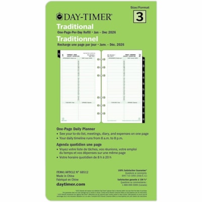 Day-Timer 2026 Dated Refill 1-Page/Day Portable - 6-3/4" H x 3-3/4" W - Bilingual - Daily - 12 Month - January 2026 to December 2026 - 8:00 AM to 8:00 PM - Hourly - 1 Day Single Page Layout - 3 3/4" (95.25 mm) x 6 3/4" (171.45 mm) Sheet Size - Green - Paper Cover - Event Planning Sheet, Task List, A 1PPD 3.75X6.75 BILINGUAL 30% PCW