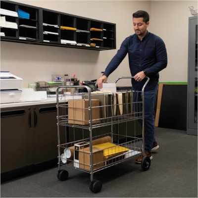 Fellowes Wire Mail Cart - 200 lb (90718.47 g) Capacity - 4 Casters - 6" (152.40 mm), 4" (101.60 mm) Caster Size - Steel - 21.5" (546.10 mm) Width x 37.5" (952.50 mm) Depth x 39.5" (1003.30 mm) Height - Chrome - 1 Each HOLDS LETTER OR LEGAL FILES 18WX38 1/5"DX39-1/4H