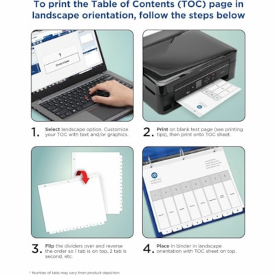 Avery® Ready Index® Table of Content Dividersfor Laser and Inkjet Printers, 8 tabs - 8 x Divider(s) - 8 Printed Tab(s) - Digit - 1-8 - 8 Tab(s)/Set - 8.50" (215.90 mm) Divider Width x 11" (279.40 mm) Divider Length - Letter - 8.50" (215.90 mm) Width x 11" (279.40 mm) Length - 3 Hole Punched  LASER/INK JET  BLACK & WHITE 8 TABS  1 SET/PKG