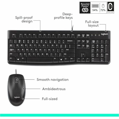 Logitech MK120 Desktop Corded Combo Set - USB Cable Keyboard - 104 Key - USB Cable Mouse - Optical - 1000 dpi - 3 Button - Scroll Wheel - Compatible with Computer for PC - 1 Each  