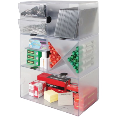 Deflecto Stackable Cube Organizer - 1 Compartment(s) - 6" (152.40 mm) Height x 6" (152.40 mm) Width x 6" (152.40 mm) Depth - Desktop - Stackable - Clear - Plastic - 1 Each 6"X6"X6" CUBE W/CLIPS INCL 