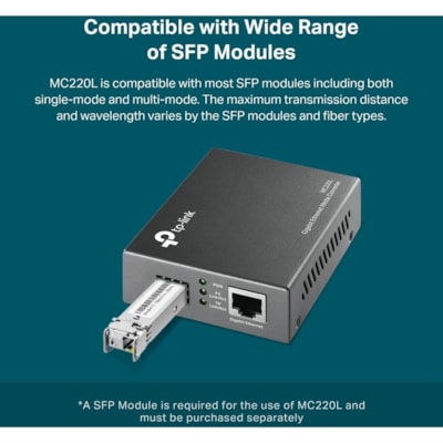 TP-Link MC220L Gigabit Ethernet Media Converter - 1 x Network (RJ-45) - Gigabit Ethernet - 1000Base-T - 1 x Expansion Slots - SFP - 1 x SFP Slots - Power Adapter - External  