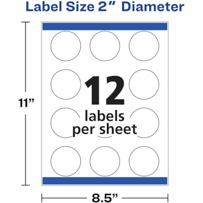 Avery® Glossy White Round Labels 2" Diameter, Permanent Adhesive, for Laser and Inkjet Printers - 2" (50.80 mm) Diameter - Permanent Adhesive - Round - Laser, Inkjet - Glossy - Bright White - Paper - 12 / Sheet - 10 Total Sheets - 120 Total Label(s) - Print-to-the Edge, Permanent Adhesive, Custo GLOSSY WHITE  2" DIA. LASER/INK JET  120 LBLS/PKG