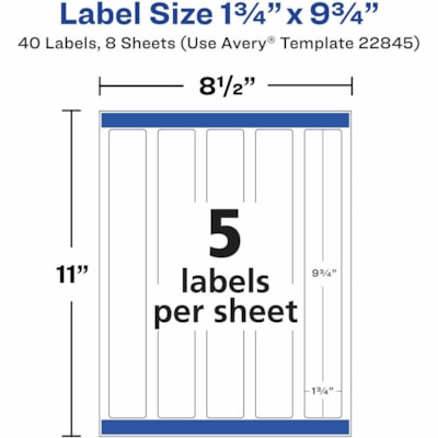 Avery® Durable White Wraparound Labels 9-3/4" x 1-1/4" , Permanent Adhesive, for Laser and Inkjet Printers - Waterproof - 9 3/4" (247.65 mm) Width x 1 1/4" (31.75 mm) Length - Permanent Adhesive - Rectangle - Inkjet, Laser - Matte - White - Film - Water Resistant - Print-to-the Edge, Permanent A 1 1/4" X 9 3/4" 40 LABELS  WHITE  WATER-RESIST