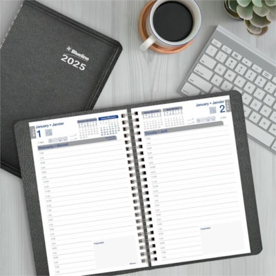 Blueline Net Zero Carbon Daily Planner - Daily, Monthly, Weekly - 1 Year - January 2025 - December 2025 - 7:00 AM to 7:30 PM - Half-hourly - 1 Day Single Page Layout - Twin Wire - Black Cover - 8" (203.20 mm) Height x 5" (127 mm) Width - Soft Cover, Flexible Cover, Eco-friendly, Bilingual - 1 Each  