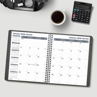 Blueline 2026 Net Zero Carbon 14-Month Planner - December to January - 9-1/4" x 7-1/4" - Black - Bilingual - Monthly - 14 Month - December 2025 to January 2027 - 1 Month Double Page Layout - 7 1/4" (184.15 mm) x 9 1/4" (234.95 mm) Sheet Size - Twin Wire - Black - Paper - Holiday Listing, Moon Phases  