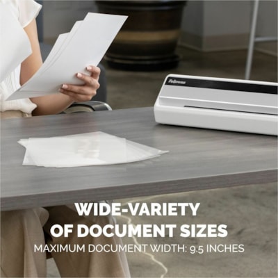 Fellowes Saturn3i 95 Laminator & Pouch Starter Kit - Pouch - 9.50" (241.30 mm) Lamination Width - 5 mil (0.13 mm) Lamination Thickness - 4.13" (104.90 mm) Height x 17.19" (436.63 mm) Width x 5.50" (139.70 mm) Depth 12"/MIN THRU SPED.60SEC WARMUP HOT & COLD. POUCH STARTER KIT