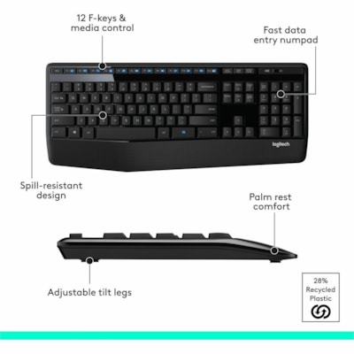 Logitech Wireless Combo MK345 - USB Wireless RF 2.40 GHz Keyboard - Black - USB Wireless RF Mouse - Optical - 1000 dpi - Scroll Wheel - Black - On/Off Switch Hot Key(s) - Right-handed - AAA, AA - Compatible with Computer for PC WIRELESS - 2.4 GHZ 