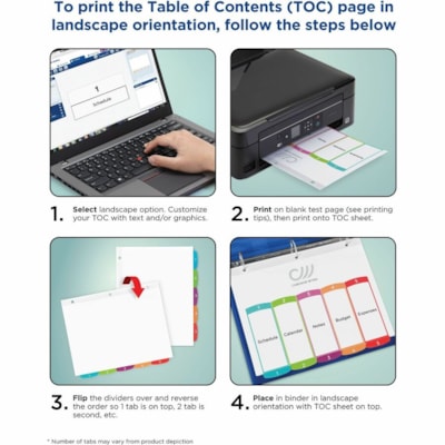 Avery® Ready Index® Customizable Table of Contents Dividersfor Laser and Inkjet Printers, 15 tabs, 1 set - 15 x Divider(s) - 15 Printed Tab(s) - Digit - 1-15 - 15 Tab(s)/Set - 8.50" (215.90 mm) Divider Width x 11" (279.40 mm) Divider Length - Letter - 8.50" (215.90 mm) Width x 11" (279.40 mm 1-15 NUMBERED TABS  PAPER CONTEMPORARY MULTI COLOURS