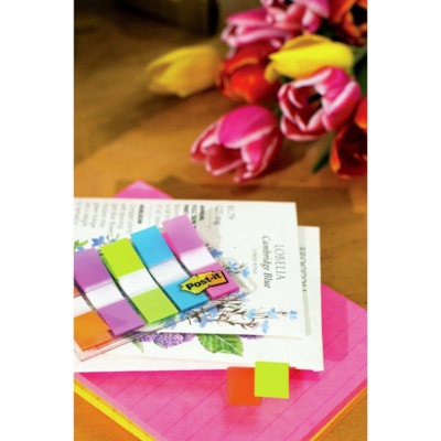 Post-it® - Languettes dans un distributeur de poche - Couleurs vives - largeur de drapeau/note 1/2 po (12,70 mm) x longueur de drapeau/note 1 3/4 po (44,45 mm) - Orange, Pourpre, Vert, Bleu, Rose - Amovible - 100 / emballage  