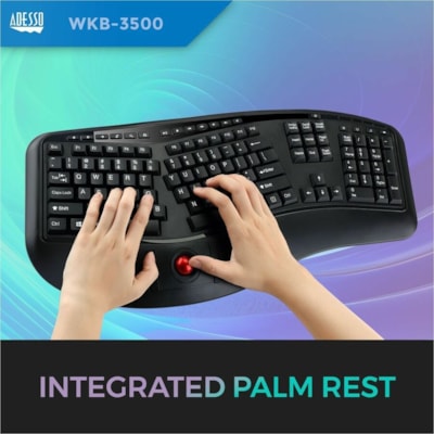 Adesso 2.4 GHz Wireless Ergonomic Trackball Keyboard - Wireless Connectivity - RF - 30 ft (9144 mm) - 2.40 GHz - USB Interface - 105 Key(s) - Next Track, Previous Track, Refresh, Search, Forward, Wake-up, Play/Pause, Volume Up, My Computer, Mute, Sleep, ... Hot Key(s) - English (US) - QWERTY Layout  s Media Ergonomic Trackball ke yboard with 20 windo