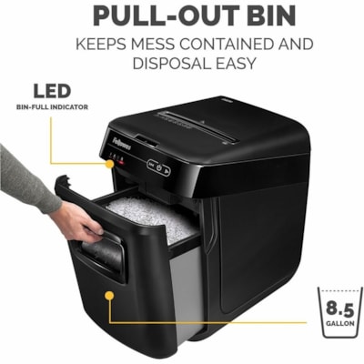 Fellowes AutoMax(tm) 200M Auto Feed Shredder - Non-continuous Shredder - Micro Cut - 200 Per Pass - for shredding Staples, Credit Card, Paper - 0.1" (1.98 mm) x 0.5" (13.87 mm) Shred Size - P-5 - 2.20 in/s (55.88 mm/s) - 9" (228.60 mm) Throat - 25 Minute Run Time - 25 Minute Cool Down Time - 32.1 ed Micro-Cut Shredder 