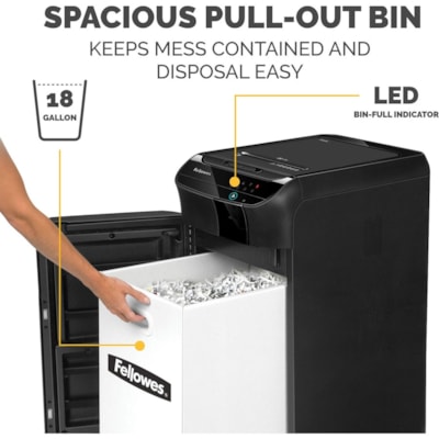 Fellowes AutoMax(tm) 350C Auto Feed Shredder - Non-continuous Shredder - Cross Cut - 350 Per Pass - for shredding Staples, Paper Clip, Paper, CD, DVD, Credit Card, Junk Mail - 0.2" (3.96 mm) x 1.5" (38.10 mm) Shred Size - P-4 - 2.20 in/s (55.88 mm/s) - 9" (228.60 mm) Throat - 45 Minute Run Time - 350 SHEETS AUTO/12 MANUAL 18 GALLON BIN