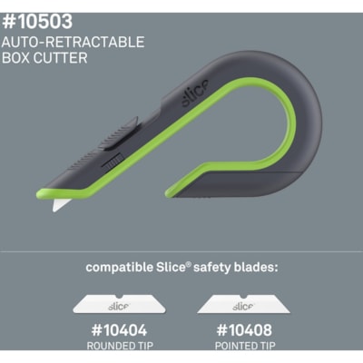 Slice Auto Retract Box Cutter - Ceramic Blade - 0.70" (17.78 mm) Height x 3.40" (86.36 mm) Width x 6.70" (170.18 mm) Length - Retractable, Non-sparking, Non-conductive, Ambidextrous, Ergonomic Design, J-hook Handle, Rust-free Blade - Acrylonitrile Butadiene Styrene (ABS), Stainless Steel, Carbon Ste CERAMIC BLADE AUTO -RETRACTING BLADE