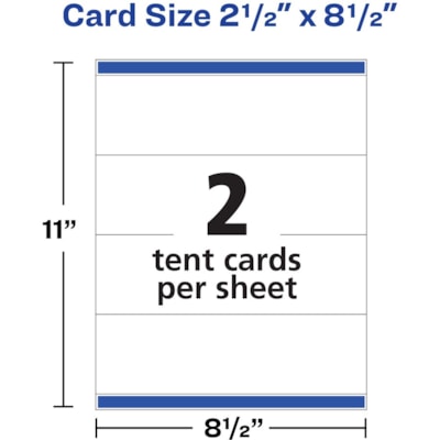 Avery® Medium Tent Cards - 97 Brightness - 2 1/2" (63.50 mm) x 8 1/2" (215.90 mm) - 65 lb (29483.50 g) Basis Weight - 176 g/m² Grammage - Embossed, Printable, Micro Perforated, Jam-free, Smudge-free, Heavyweight - White EMBOSSED CARD STOCK MED. SIZE 