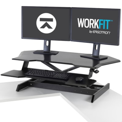 Ergotron WorkFit Corner Standing Desk Converter - Up to 30" Screen Support - 35 lb (15875.73 g) Load Capacity - Desktop, Tabletop - Black - Gas Spring, Lift Mechanism, Keyboard Tray anding Desk Converter - black - Moves without bump