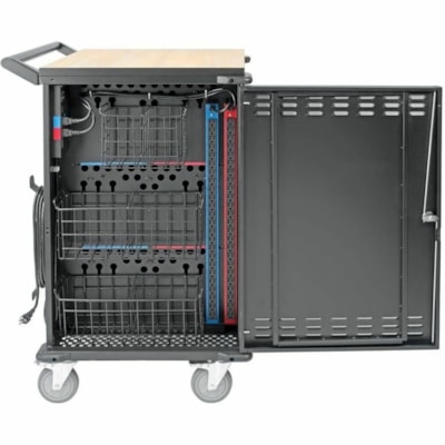 Tripp Lite series CSC42AC 42-Device AC Charging Station Cart, Black - 3 Shelf - Steel, Wood - 26" (661.42 mm) Width x 28.8" (732.54 mm) Depth x 43.1" (1093.47 mm) Height - Steel Frame - Black - For 42 Devices  AC Mobile Charging Cart - Lap tops and Chromebooks