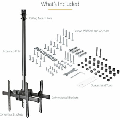 StarTech.com Dual TV Ceiling Mount, Back-to-Back Hanging Dual Screen VESA Pole Mount for 32"-75" TVs - Height Adjustable Telescopic Pole - Adjustable back-to-back dual TV ceiling mount w/ telescopic pole for large VESA mount displays/curved TVs up to 75in (110lb) per screen - Swivel/rotate/tilt - Wo  MNT 