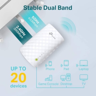TP-Link RE220 Dual Band IEEE 802.11ac 750 Mbit/s Wireless Range Extender - 2.40 GHz, 5 GHz - 3 x Internal Antenna(s) - Internal - 1 x Network (RJ-45) - Fast Ethernet - 6.50 W - Wall Mountable  