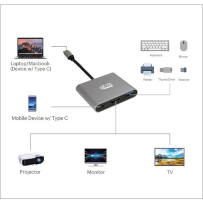Adesso 3-IN-1 USB-C Multi-Port Docking Station (TAA Compliant) - for Notebook, Monitor, Projector, Smartphone, Tablet, TV - Charging Capability - USB Type C - 4K @30Hz - 3840 x 2160 - 2 x USB Ports - 1 x USB 3.0 - 1 x USB Type-A Ports - USB Type-A - 1 x USB Type-C Ports - USB Type-C - HDMI - Wired - Docking Station with 1xTypeC p ort  1x USB 3.0-A+PD