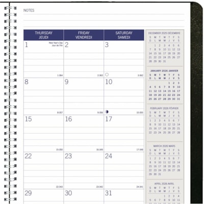 Blueline 2026 DuraGlobe 14-Month Monthly Planner - December to January - 8-7/8" x 7-1/8" - Black - Bilingual - Monthly - 14 Month - December 2025 to January 2027 - 7:00 AM to 6:00 PM - Hourly - 1 Month Double Page Layout - 7 1/8" (180.98 mm) x 8 7/8" (225.43 mm) Sheet Size - Twin Wire - Black - Pape  