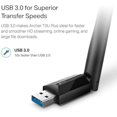 TP-Link T3U Plus IEEE 802.11ac Dual Band Wi-Fi Adapter for Desktop Computer, Notebook - USB 3.0 - 1.27 Gbit/s - 2.40 GHz ISM - 5 GHz UNII - External  