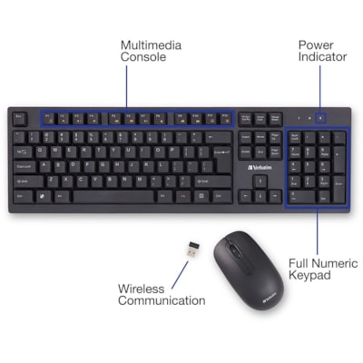 Verbatim Wireless Keyboard and Mouse - USB Type A Wireless Bluetooth 2.40 GHz Keyboard - USB Type A Wireless Mouse - Optical - 1000 dpi - Multimedia Hot Key(s) - Symmetrical - AA, AAA - Compatible with Windows, Mac - 1 Each KEYBOARD AND MOUSE SET 2.4GHZ WIRELESS CONNECTION