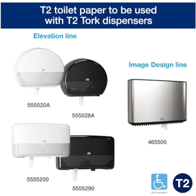 TORK Mini Jumbo Toilet Paper Roll White T2 - 2 Ply - 7.36" (186.94 mm) Roll Diameter - 2.34" (59.44 mm) Core - White - Fiber - 12 / Carton 2-PLY  32/3'' X 751'  WHITE ECOLOGO CERTIFIED