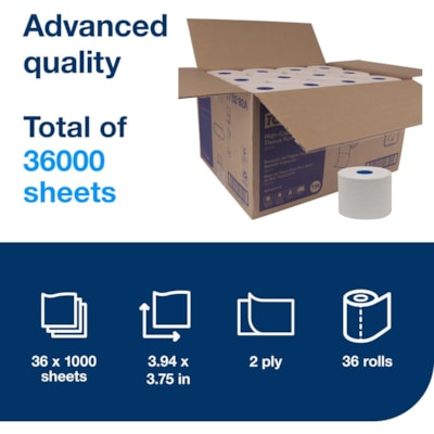 TORK - Papier hygiénique 110292A - 2 Plilongueur de 3,75 po (95,25 mm) - 1000 Feuilles - diamètre du rouleau 5,40 po (137,16 mm) - 1,65 po (41,91 mm) Matériau - Blanc - Fibre - 36 / Carton 2 ÉPAISSEURS  36 ROULEAUX   2  COUCHES  1000 C