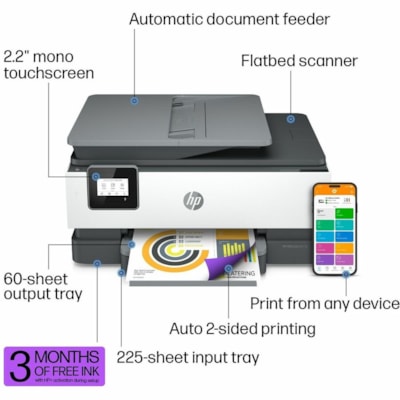 HP Officejet 8015e Wireless Inkjet Multifunction Printer - Color - Copier/Printer/Scanner - 18 ppm Mono/10 ppm Color Print - 4800 x 1200 dpi Print - Automatic Duplex Print - Up to 20000 Pages Monthly - Color Flatbed Scanner - 1200 dpi Optical Scan - Wireless LAN - ChromeOS, HP Smart App, Apple AirPr  PRNT 