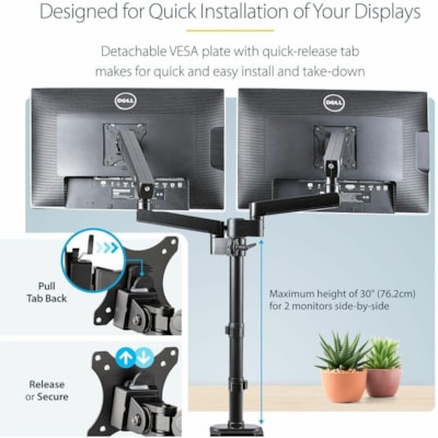 StarTech.com Desk Mount Dual Monitor Arm, Height Adjustable Monitor Mount for 2x VESA Displays up to 32" (17.6lb/8kg), Mechanical Spring - VESA 75x75/100x100mm desk mount dual monitor arm for 2x 32 inch (16:9) displays (17.6lb each) - Clamp/Grommet; Detachable VESA plates - Articulating ergonomic mo  MNT 