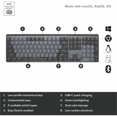 Logitech MX Mechanical Wireless Illuminated Performance Keyboard (Linear) (Graphite) - Wireless Connectivity - Bluetooth/RF - 32.81 ft (10000 mm) - Hot Key(s)ChromeOS - PC, Mac - Mechanical/MX Keyswitch - Graphite  WRLS 