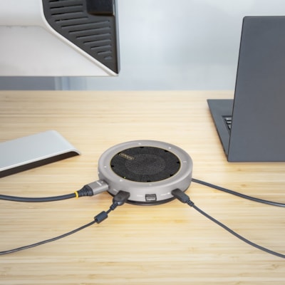 StarTech.com USB-C Speakerphone Docking Station, Mini Portable Conference Speaker/Audio Dock, VGA/4K HDMI, USB Hub, Teams/Zoom/Softphone - USB-C speakerphone mini dock; HDMI 4K 60Hz/1080p VGA video - 2x USB-A 3.2/3.1 5Gbps Hub - USB Type-C power/5Gbps data port/100W PD Pass-Through - 22in (56cm) wra  PERP 