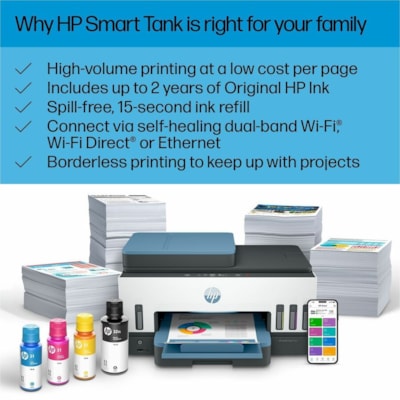 HP - Imprimante multifonction à jet d'encre 7602 Filaires et Sans fil Smart Tank - Couleur - Copieur/Télécopieur/Imprimante/Scanner - 4800 x 1200 dpi Impression - Automatique Recto/Verso - jusqu'à 6000 Pages mensuelles - Couleur Scanner à Plat Scanner - 1200 dpi Scanner   